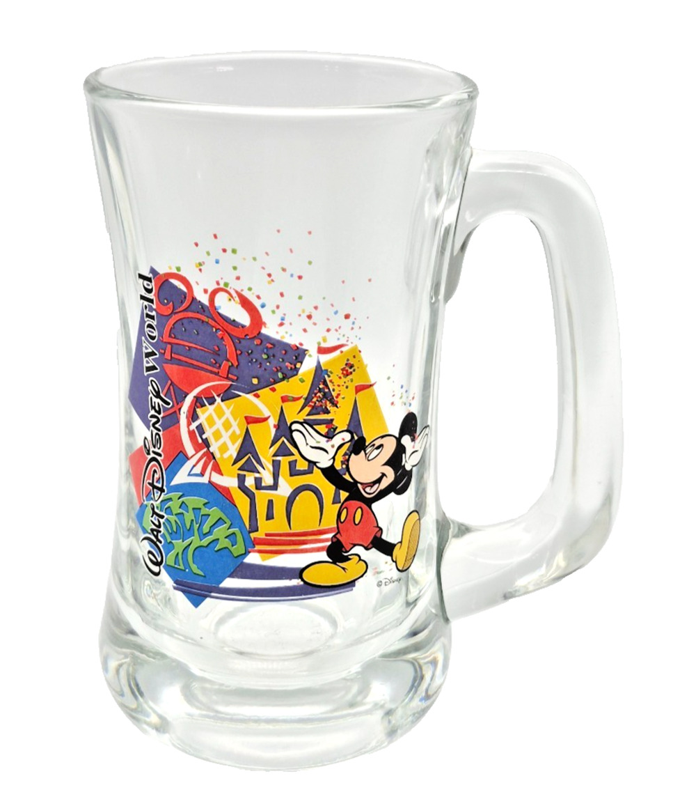 VTG Disney Glass Mug Clear Mickey Mouse and Park Graphics 6" Tall